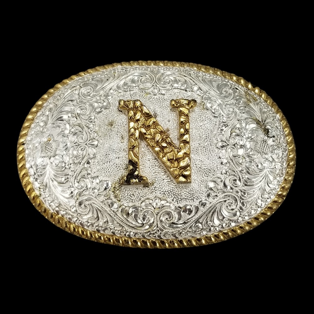 Crumrine Mfg Western Belt Buckle Initial N Silver Gold Tone Floral Engraved Oval
